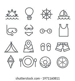 Set of summer vacation on the beach icons. Natural and animal concept outline isolated on white background
