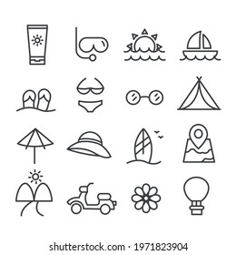 Set of summer vacation on the beach icons. Natural and animal concept outline isolated on white background