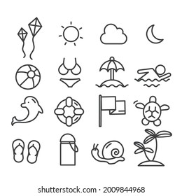 Set of summer vacation on the beach icons. Travel and nature concept outline isolated on white background