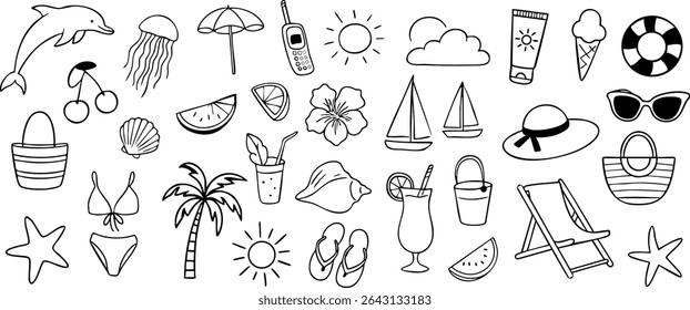 Set of summer vacation outline icons including beach elements, cocktails, sun, and holiday accessories. Hand-drawn style on transparent background. Vector EPS 10