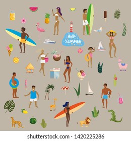 Set Summer vacation. A lot of people at beach or seashore relaxing and performing summer outdoor activities at beach - sunbathing, walking, carrying surfboard, swimming in sea, ocean. Ice cream