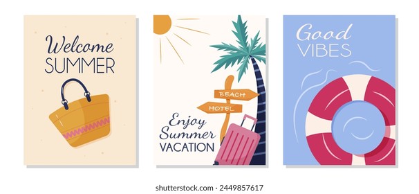  A set of summer vacation poster templates featuring a beach bag, palm tree, and life ring vector. It is an illustration in a minimalist style with simple design elements and a pastel color palette.
