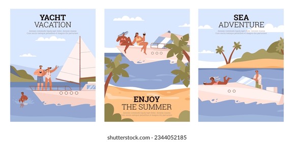 Carteles de verano con gente navegando en yates y veleros, ilustración vectorial plana. Paisajes de aventura marítima, personajes diversos tomando sol y tomando cócteles en barco o barco.