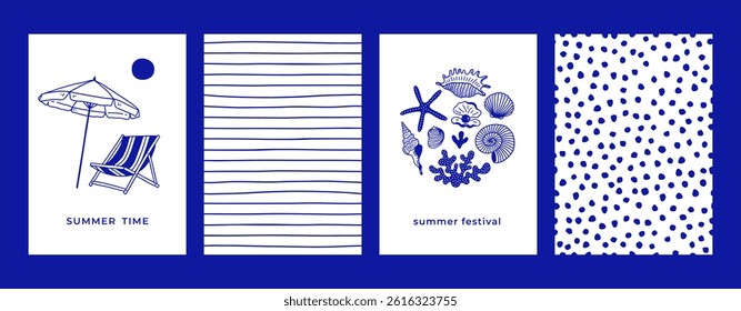Set of summer vacation posters with seaside landscape, sunbed and seashells. Illustrations for wall art decoration, print, postcard, cover design.
