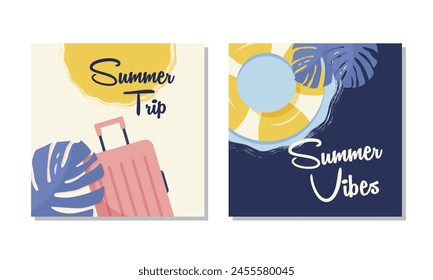  Set of summer vacation posters with a suitcase, sun, and life ring vector illustration in a flat style. Vector illustration set collection could be used for banner or poster design.