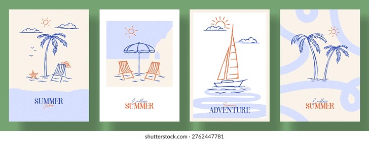Set of Summer Vacation posters. Vector cards sketch art with yacht boat, palm tree, wave. Summer set of backgrounds for travel poster, tropical party flyer, summer-themed design and event.