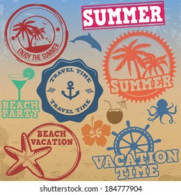 Set of summer vacation stamps on retro background, vector illustration