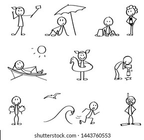 Set of summer vacation stick figures. Hand drawn black and white stick men symbolizing rest on the vacation and different summer leisure activities. Cute cartoon characters, simple drawn vectors.