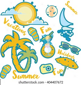 Set of summer vacation stickers with palm tree, slippers, cocktail, umbrella, sunglasses, sail and photo camera