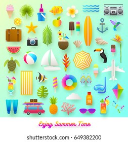 Set of summer vacation and travel items. Flat vector illustration.