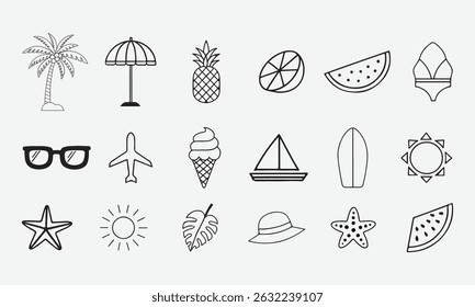 Set of Summer Vacation, Tropical Icons in Line Vector Style on White Background