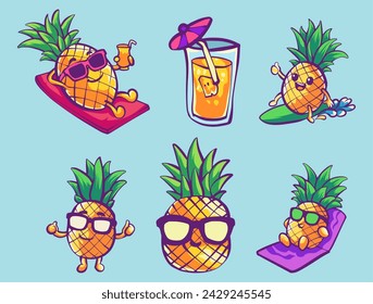 set of summer vacation vector assets, set of illustrations of pineapple enjoying summer on the beach, isolated vector design. suitable for sticker design, design elements