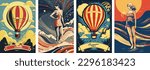 Set of summer vacation vector illustration posters with seaside landscape, air balloon, woman on vacation, retro and modern style for a greeting card