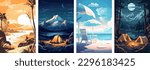 Set of summer vacation vector illustration posters with seaside landscape, sunbed, woman on vacation, camping and fire, retro and modern style for a greeting card