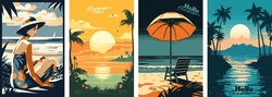 Set Of Summer Vacation Vector Illustration Posters With Seaside Landscape, Sunbed, Woman On Vacation, Summer Sunset, Retro And Modern Style, For A Greeting Card