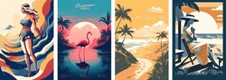 Set Of Summer Vacation Vector Illustration Posters With Seaside Landscape, Sunbed, Woman On Vacation, Summer Sunset, Retro And Modern Style, For A Greeting Card