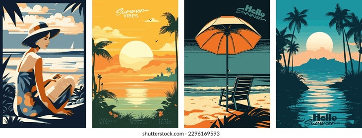 Set of summer vacation vector illustration posters with seaside landscape, sunbed, woman on vacation, summer sunset, retro and modern style, for a greeting card - Shutterstock ID 2296169593