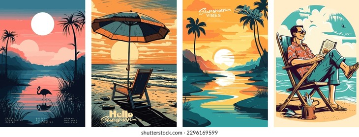 Set of summer vacation vector illustration posters with seaside landscape, sunbed, woman on vacation, summer sunset, retro and modern style, for a greeting card