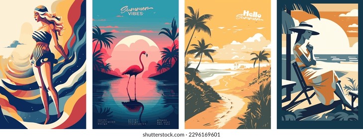 Set of summer vacation vector illustration posters with seaside landscape, sunbed, woman on vacation, summer sunset, retro and modern style, for a greeting card - Shutterstock ID 2296169601