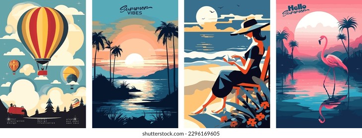 Juego de carteles de ilustraciones vectoriales de verano con paisaje costero, lecho de sol, mujer de vacaciones, puesta de sol de verano, estilo retro y moderno, para una tarjeta de saludo