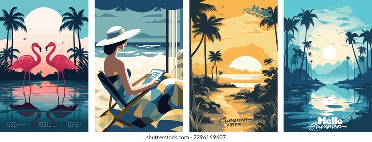 Set of summer vacation vector illustration posters with seaside landscape, sunbed, woman on vacation, summer sunset, retro and modern style, for a greeting card