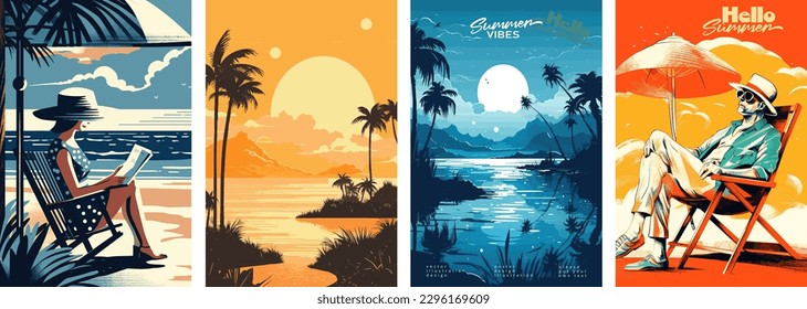 Juego de carteles de ilustraciones vectoriales de verano con paisaje costero, lecho de sol, mujer de vacaciones, puesta de sol de verano, estilo retro y moderno, para una tarjeta de saludo