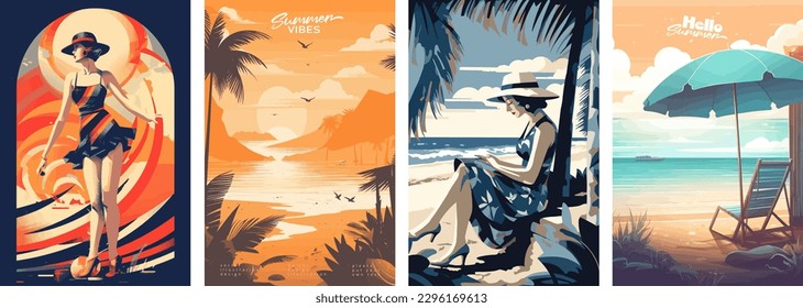 Juego de carteles de ilustraciones vectoriales de verano con paisaje costero, lecho de sol, mujer de vacaciones, puesta de sol de verano, estilo retro y moderno, para una tarjeta de saludo