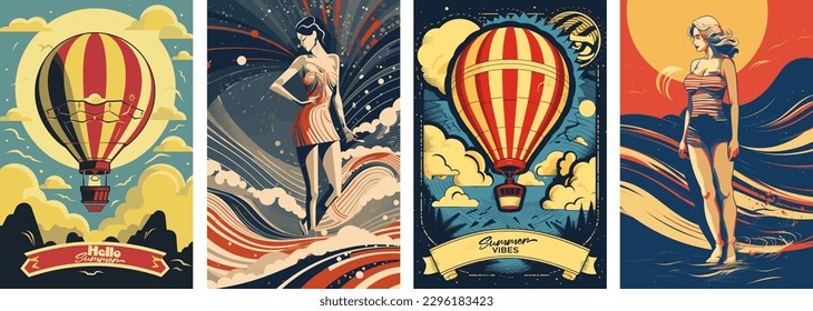 Set of summer vacation vector illustration posters with seaside landscape, air balloon, woman on vacation, retro and modern style for a greeting card