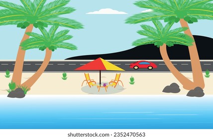 Set of summer vacation vector illustration Paradise Beach tropical beach, umbrella road and cars, resort mountain and coconut trees.