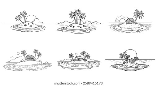 Set of Summer vacation vector illustration isolated on white background. Coloring book of beach
