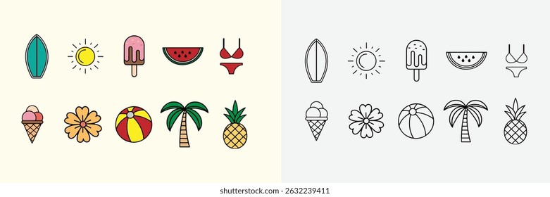 Set of Summer Vacation Vector Illustration,Tropical Icons in Line and Colorful Vector Style on White Background
