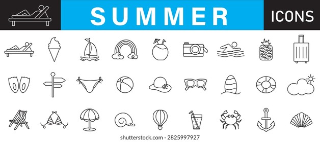 Set of summer vacation vector line icons featuring sun lounger, ice cream cone, sailboat, coconut drink, swimmer, pineapple, beach ball, bikini swimwear, crab, and anchor isolated on white background.
