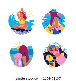 The set of summer vacations with girls is good for stickers, logo designs, t-shirts, emblems, posters, etc. This is a different traveling holiday with beautiful women