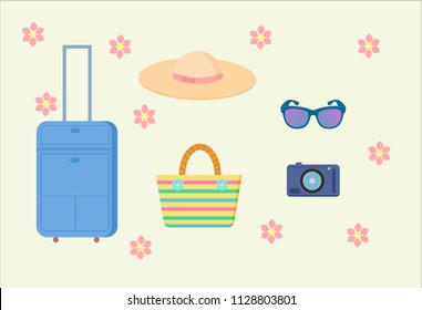 Set for summer vacations with luggage, hat, camera, sun glasses and hand bag