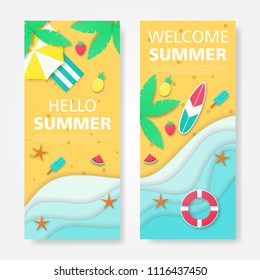 Set of summer vector banner design. Paper cut style. vector illustration