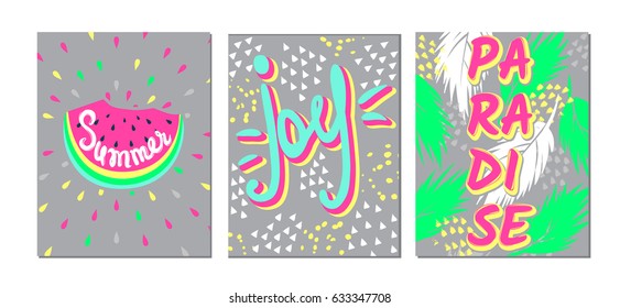 Set Summer vector cards.Trendy design. Vector collection colorful, bright, Acid colors posters. Awesome Illustration in sketch style.Hand drawn vacation greeting card. 