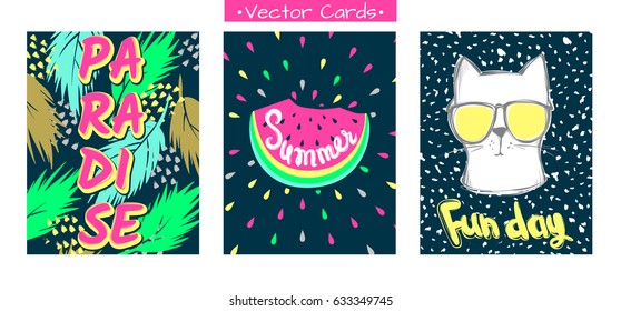 Set Summer vector cards.Trendy design. Vector collection colorful, bright, Acid colors posters. Awesome Illustration in sketch style.Hand drawn vacation greeting card. 