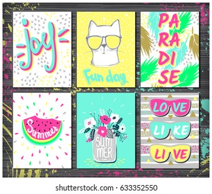 Set Summer vector cards.Trendy design. Vector collection colorful, bright, Acid colors posters. Awesome Illustration in sketch style.Hand drawn vacation greeting card. 