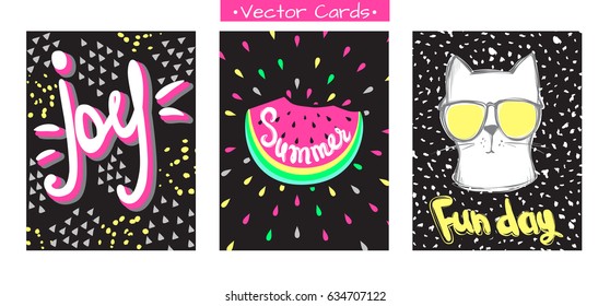 Set Summer vector cards.Trendy design. Vector collection colorful, bright, Acid colors posters. Awesome Illustration in sketch style.Hand drawn vacation greeting card. 