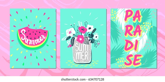 Set Summer vector cards.Trendy design. Vector collection colorful, bright, Acid colors posters. Awesome Illustration in sketch style.Hand drawn vacation greeting card. 