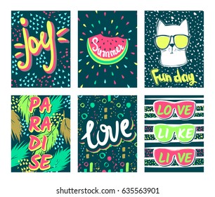 Set Summer vector cards.Trendy design. Vector collection colorful, bright, Acid colors posters. Awesome Illustration in sketch style.Hand drawn vacation greeting card. 