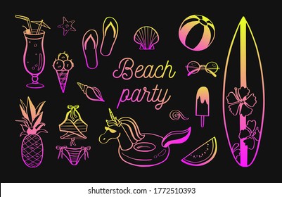 Set von Summer Vektordesign Doodle Elemente. Strandsammlung, Einhorn, tropische Früchte, Badeanzug, Surfen. Handgezeichnet, einzelne Skizzen auf weißem Hintergrund. 