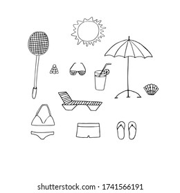 Set of summer, vector Doodle illustration, sun, badminton, glasses, cocktail, umbrella, shell, sunbed, swimsuit, swimming trunks, flip flops