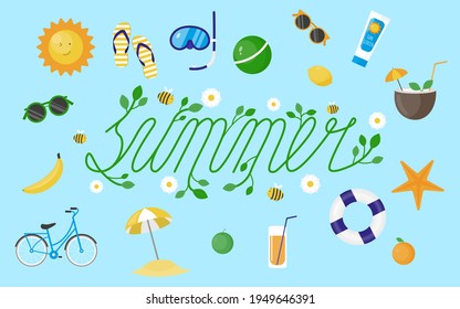 Set of summer vector elements. Colorful vector clipart. Beach items illustration. Summer lettering.