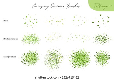 Set of summer vector foliage ecology brushes - silhouettes of summer leaves, foliage of trees, different greenery types isolated on white, vector illustration brush nature collection