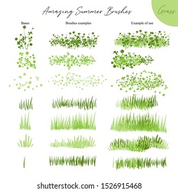 Set of summer vector grass ecology brushes - silhouettes of summer grass, flowers, different Earth greenery types isolated on white, vector illustration brush nature collection