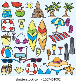 set of Summer vector icon sumbrella, hat, sand, beaches, sand castles, glasses and so on  in doodle style with plain backgrounds. vector illustration