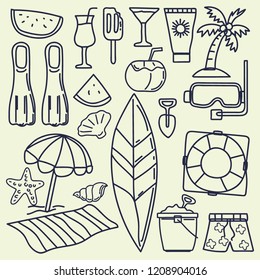 set of Summer vector icons in doodle style with plain backgrounds. vector illustration