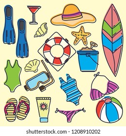 set of Summer vector icons in doodle style with plain backgrounds. vector illustration