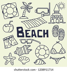 set of Summer vector icons in doodle style with plain backgrounds. vector illustration